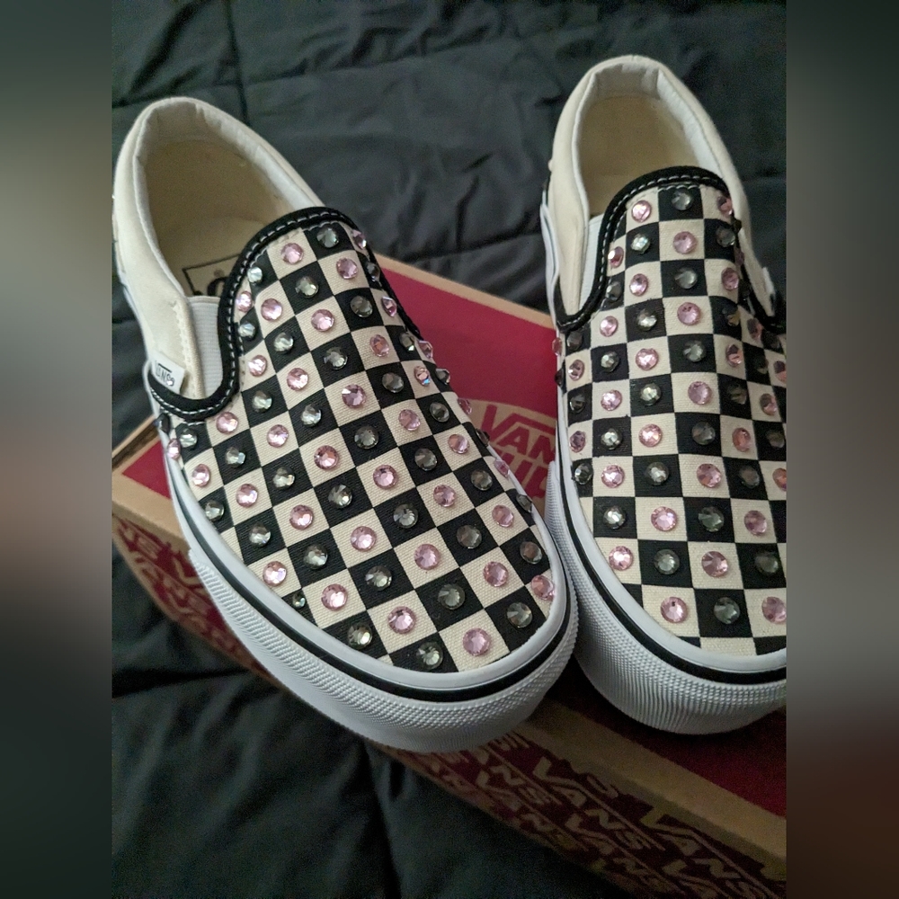 Blinged out DiamondVans classic checked slip on stack form shoes size 5 Women's